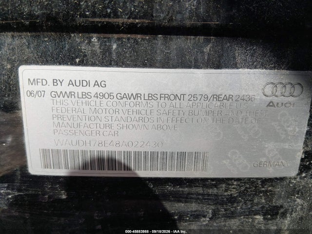 Aukcja sprzedaży 2008 Audi A4 3.2, vin: WAUDH78E48A022430, numer aukcji: 45883988