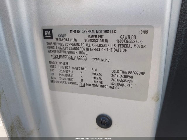 45883993 :رقم المزاد ، 1GKLRMED6AJ149860 vin ، 2010 Gmc Acadia Slt-1 مزاد بيع
