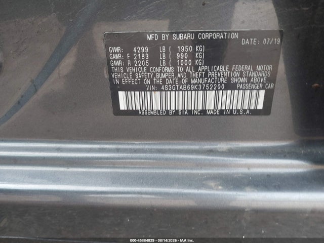 45884029 :رقم المزاد ، 4S3GTAB69K3752200 vin ، 2019 Subaru Impreza 2.0i مزاد بيع
