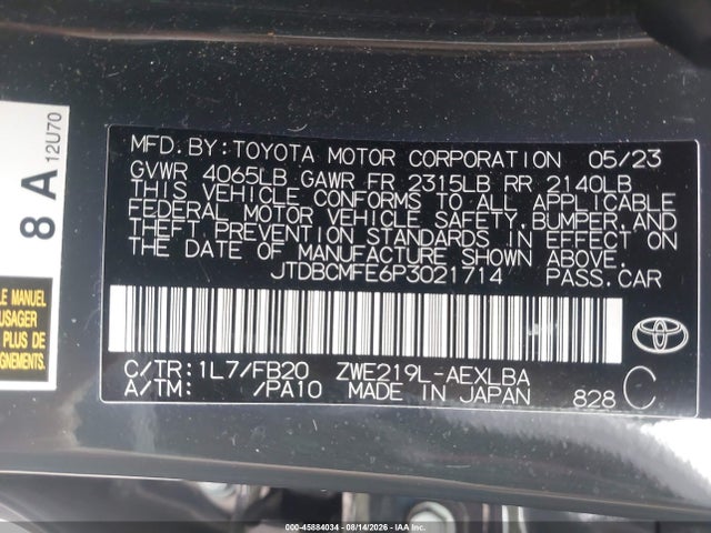 45884034 :رقم المزاد ، JTDBCMFE6P3021714 vin ، 2023 Toyota Corolla Hybrid Le مزاد بيع