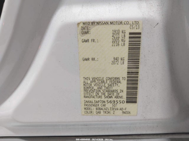 45884050 :رقم المزاد ، 1N4AL3AP7DN569550 vin ، 2013 Nissan Altima 2.5 Sl مزاد بيع