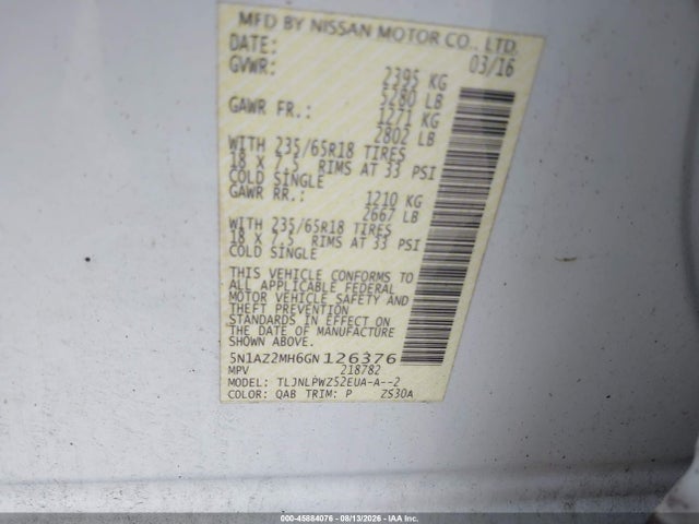 Продаж на аукціоні авто 2016 Nissan Murano S, vin: 5N1AZ2MH6GN126376, номер лоту: 45884076
