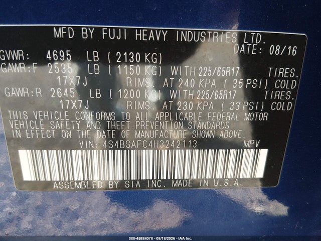45884078 :رقم المزاد ، 4S4BSAFC4H3242113 vin ، 2017 Subaru Outback 2.5i Premium مزاد بيع