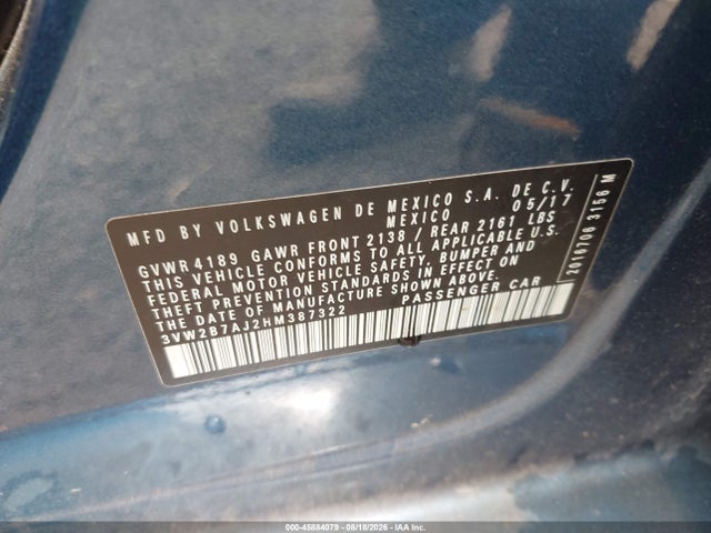45884079 :رقم المزاد ، 3VW2B7AJ2HM387322 vin ، 2017 Volkswagen Jetta 1.4t S مزاد بيع