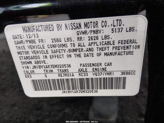 45884092 :رقم المزاد ، JN1BY1AR7EM320536 vin ، 2014 Infiniti Q70 3.7x مزاد بيع