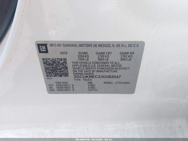 45884106 :رقم المزاد ، 3GCUKREC2JG592047 vin ، 2018 Chevrolet Silverado 1500 1lt مزاد بيع