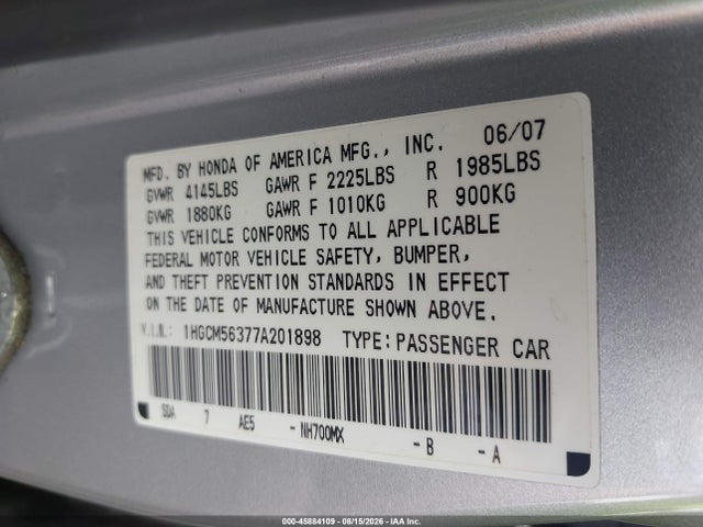 Продажа на аукционе авто 2007 Honda Accord 2.4 Se, vin: 1HGCM56377A201898, номер лота: 45884109