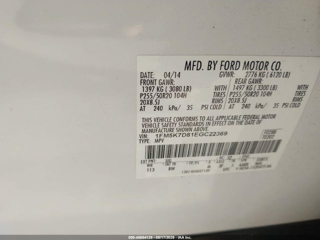Продаж на аукціоні авто 2014 Ford Explorer Xlt, vin: 1FM5K7D81EGC22369, номер лоту: 45884128