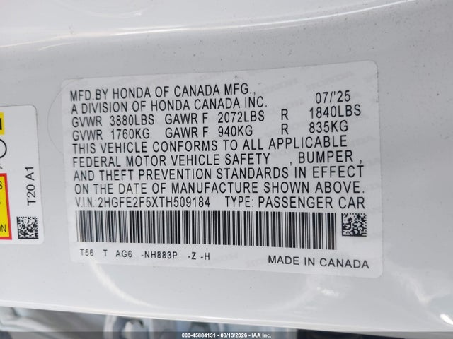 Honda Civic Sport 2026 2HGFE2F5XTH509184 Image 9