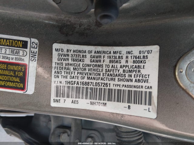 Продаж на аукціоні авто 2007 Honda Civic Ex, vin: 1HGFA16887L057261, номер лоту: 45884133