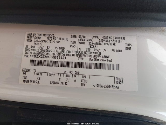 45884137 :رقم المزاد ، 1FBZX2ZM1JKB36121 vin ، 2018 Ford Transit-350 Xl مزاد بيع
