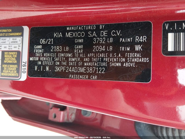 Aukcja sprzedaży 2021 Kia Forte Lxs, vin: 3KPF24AD3ME387122, numer aukcji: 45884144