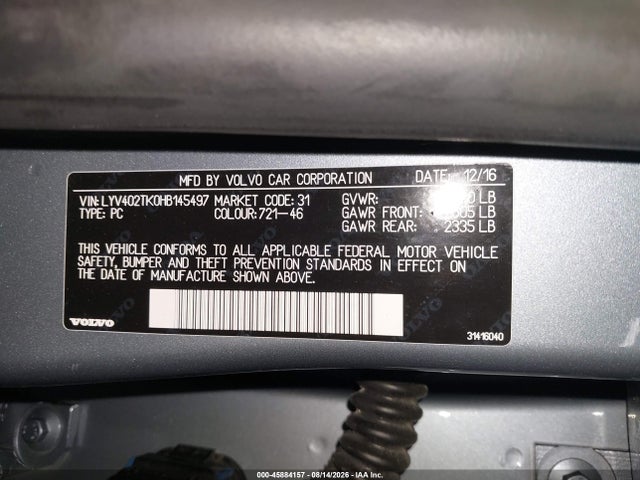 45884157 :رقم المزاد ، LYV402TK0HB145497 vin ، 2017 Volvo S60 Inscription T5 مزاد بيع