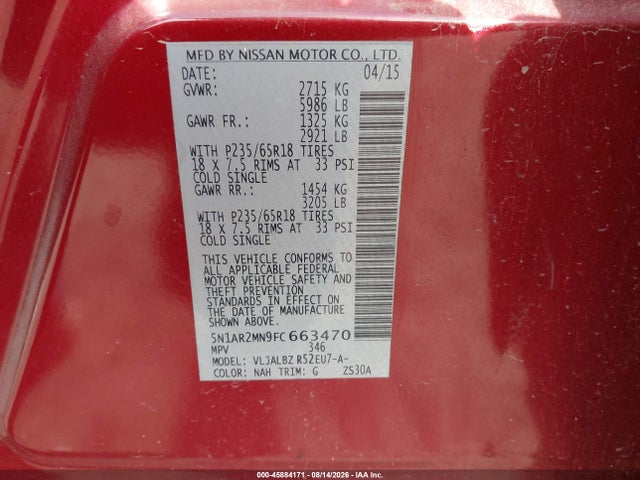2015 Nissan Pathfinder S მანქანა იყიდება აუქციონზე, vin: 5N1AR2MN9FC663470, აუქციონის ნომერი: 45884171