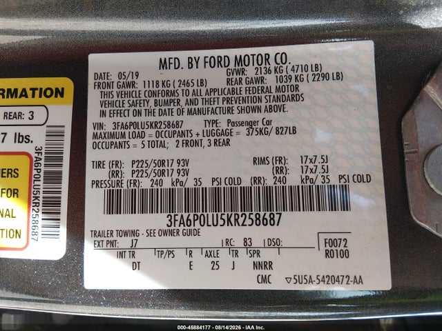 45884177 :رقم المزاد ، 3FA6P0LU5KR258687 vin ، 2019 Ford Fusion Hybrid Se مزاد بيع
