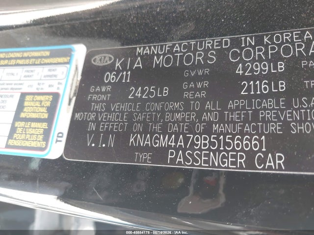 45884178 :رقم المزاد ، KNAGM4A79B5156661 vin ، 2011 Kia Optima Lx مزاد بيع