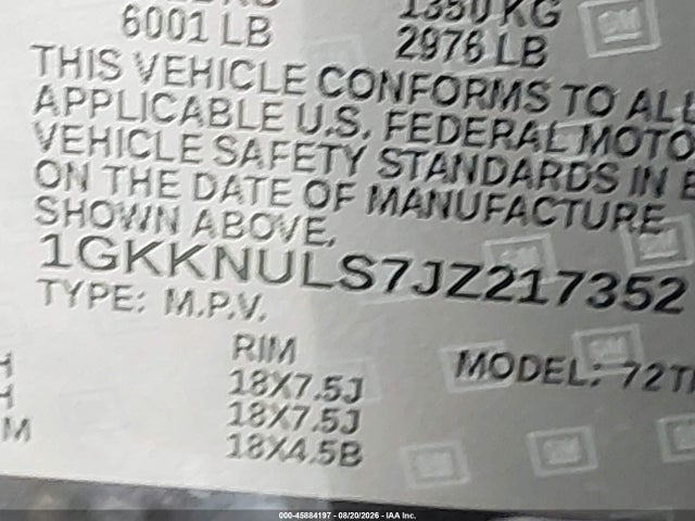 45884197 :رقم المزاد ، 1GKKNULS7JZ217352 vin ، 2018 Gmc Acadia Slt-1 مزاد بيع