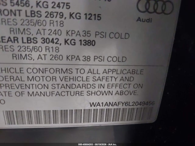 2020 Audi Q5 Premium 45 Tfsi Quattro S Tronic/titanium Premium 45 Tfsi Quattro S Tronic მანქანა იყიდება აუქციონზე, vin: WA1ANAFY6L2049456, აუქციონის ნომერი: 45884203