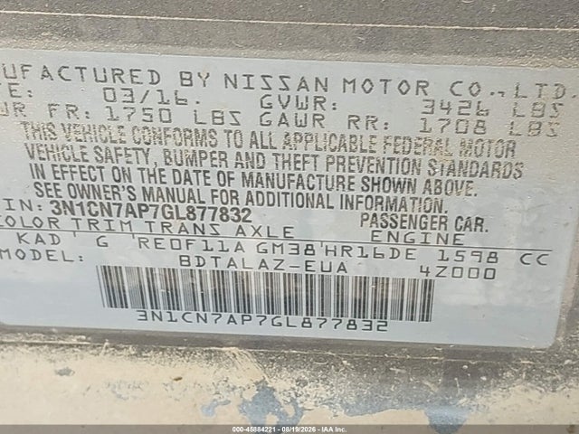 Продаж на аукціоні авто 2016 Nissan Versa 1.6 S+, vin: 3N1CN7AP7GL877832, номер лоту: 45884221