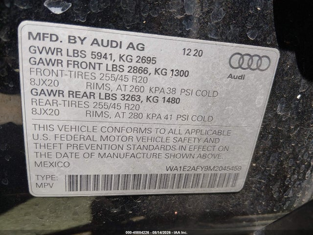 45884226 :رقم المزاد ، WA1E2AFY9M2045459 vin ، 2021 Audi Q5 Premium Plus 55 Tfsi E Quattro S Tronic مزاد بيع