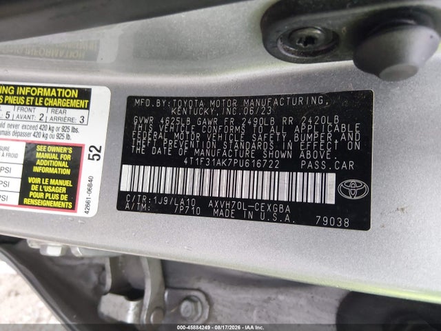 2023 Toyota Camry Xle Hybrid მანქანა იყიდება აუქციონზე, vin: 4T1F31AK7PU616722, აუქციონის ნომერი: 45884249