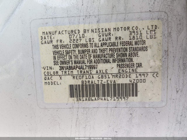 Продаж на аукціоні авто 2010 Nissan Sentra 2.0sr, vin: 3N1AB6AP4AL719997, номер лоту: 45884281