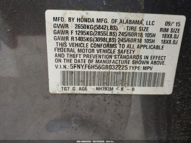 5FNYF6H56GB032225 Honda Pilot Ex-l