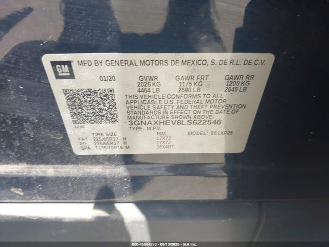 45884283 :رقم المزاد ، 3GNAXHEV8LS622546 vin ، 2020 Chevrolet Equinox Fwd Ls مزاد بيع