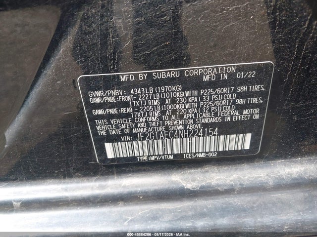 45884286 :رقم المزاد ، JF2GTAEC4NH224154 vin ، 2022 Subaru Crosstrek Premium مزاد بيع