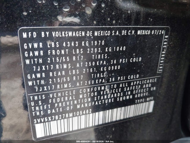 Aukcja sprzedaży 2024 Volkswagen Taos 1.5t S, vin: 3VV5X7B27RM105462, numer aukcji: 45884291