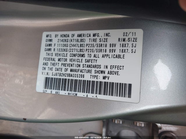 2011 Acura Rdx მანქანა იყიდება აუქციონზე, vin: 5J8TB2H29BA005396, აუქციონის ნომერი: 45884308