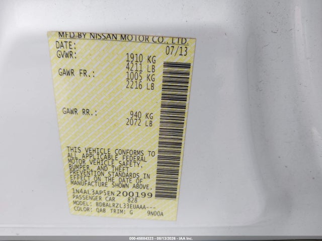 45884323 :رقم المزاد ، 1N4AL3AP5EN200199 vin ، 2014 Nissan Altima 2.5 S مزاد بيع