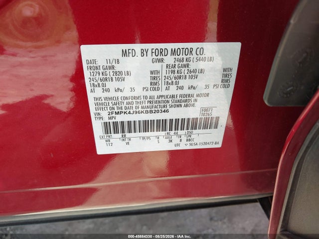 2019 Ford Edge Sel მანქანა იყიდება აუქციონზე, vin: 2FMPK4J96KBB20346, აუქციონის ნომერი: 45884330