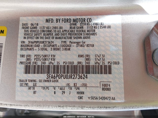 Продаж на аукціоні авто 2018 Ford Fusion Energi Se Luxury, vin: 3FA6P0PU0JR273624, номер лоту: 45884333