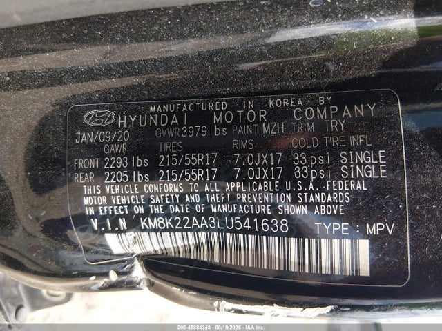 2020 Hyundai Kona Sel მანქანა იყიდება აუქციონზე, vin: KM8K22AA3LU541638, აუქციონის ნომერი: 45884348