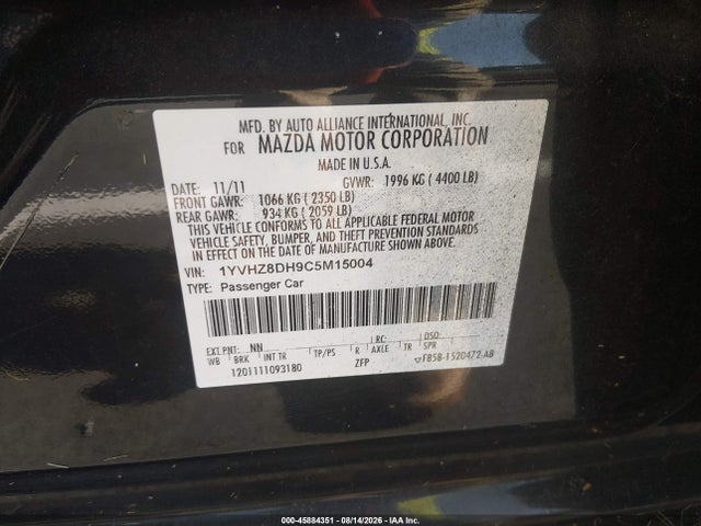 2012 Mazda Mazda6 I Touring მანქანა იყიდება აუქციონზე, vin: 1YVHZ8DH9C5M15004, აუქციონის ნომერი: 45884351