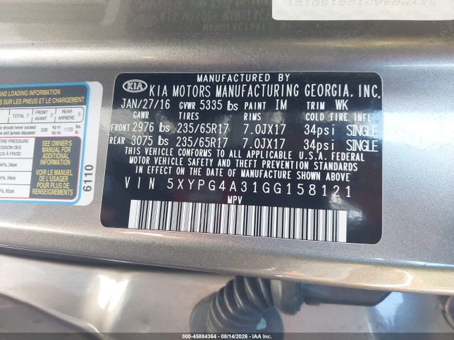 KIA Sorento 2.4l Lx 2016 5XYPG4A31GG158121 Image 9