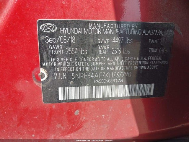 Продажа на аукционе авто 2019 Hyundai Sonata Sel, vin: 5NPE34AF7KH737290, номер лота: 45884384