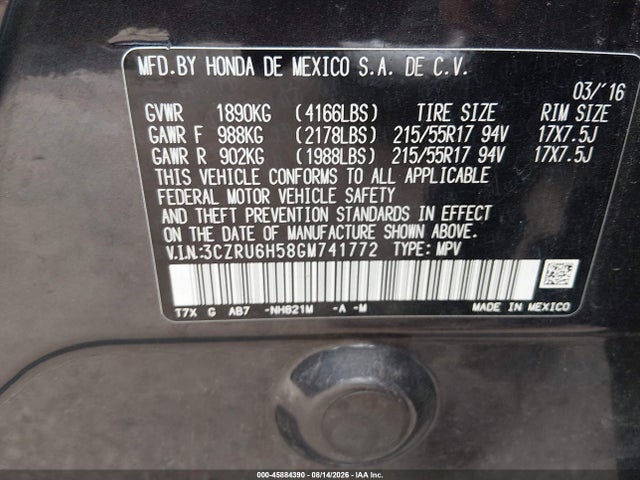 45884390 :رقم المزاد ، 3CZRU6H58GM741772 vin ، 2016 Honda Hr-v Ex مزاد بيع