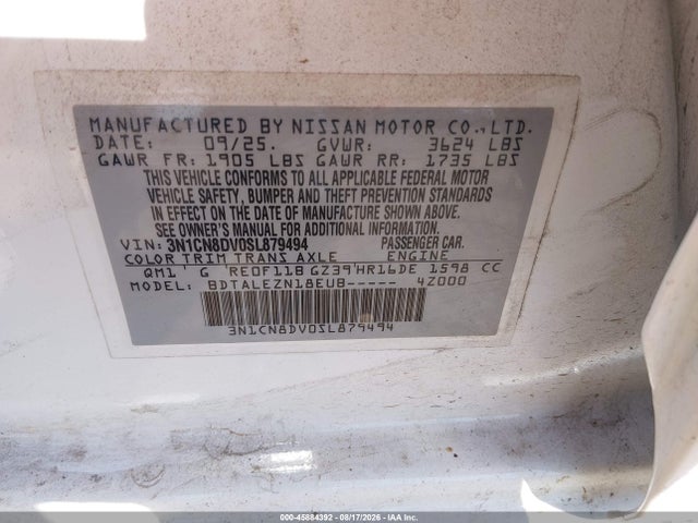 Продажа на аукционе авто 2025 Nissan Versa 1.6 S, vin: 3N1CN8DV0SL879494, номер лота: 45884392