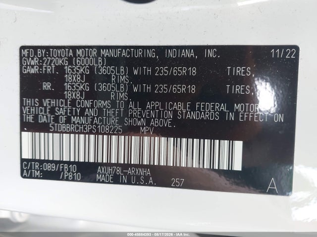 Продажа на аукционе авто 2023 Toyota Highlander Hybrid Le, vin: 5TDBBRCH3PS108225, номер лота: 45884393