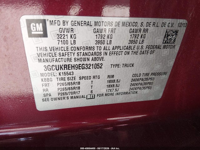 45884400 :رقم المزاد ، 3GCUKREH9EG321052 vin ، 2014 Chevrolet Silverado 1500 Lt مزاد بيع