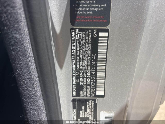 Aukcja sprzedaży 2004 Mercedes-benz Clk 500, vin: WDBTK75G14T024140, numer aukcji: 45884402