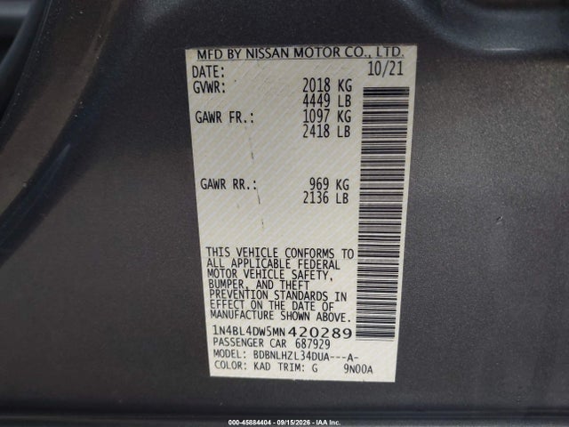 Продажа на аукционе авто 2021 Nissan Altima Sv Intelligent Awd, vin: 1N4BL4DW5MN420289, номер лота: 45884404