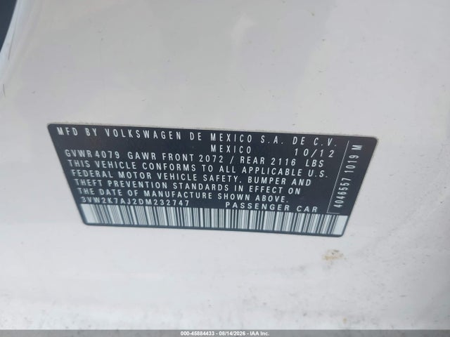 45884433 :رقم المزاد ، 3VW2K7AJ2DM232747 vin ، 2013 Volkswagen Jetta 2.0l S مزاد بيع