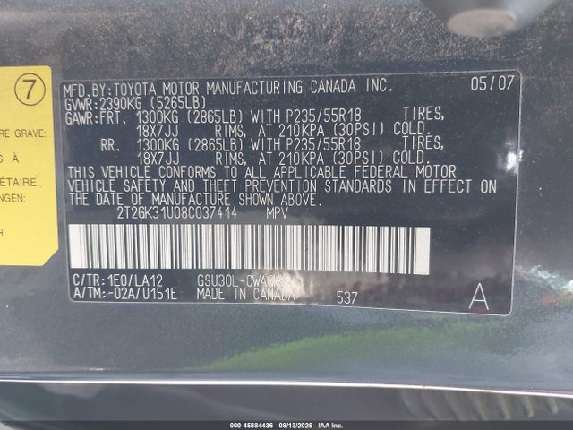45884436 :رقم المزاد ، 2T2GK31U08C037414 vin ، 2008 Lexus Rx 350 مزاد بيع