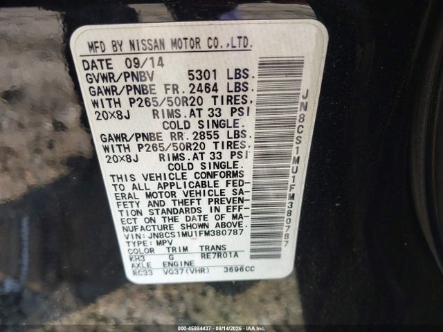 Auction sale of the 2015 Infiniti Qx70, vin: JN8CS1MU1FM380787, lot number: 45884437
