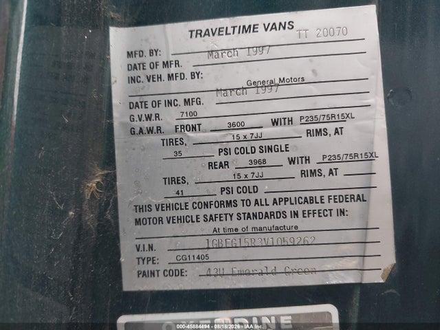 45884494 :رقم المزاد ، 1GBFG15R3V1059262 vin ، 1997 Chevrolet Chevy G1500 Upfitter Pkg. مزاد بيع