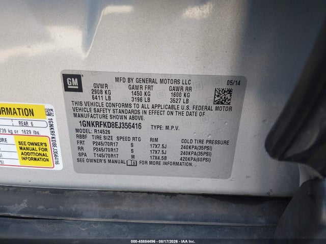 Продаж на аукціоні авто 2014 Chevrolet Traverse Ls, vin: 1GNKRFKD8EJ356416, номер лоту: 45884496