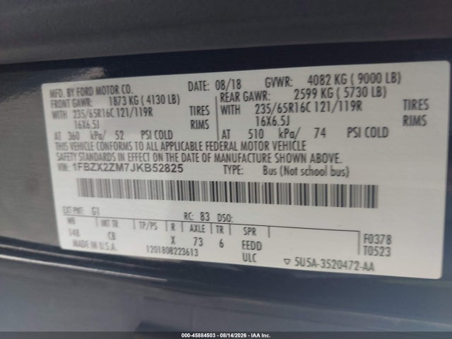 Продаж на аукціоні авто 2018 Ford Transit-350 Xl, vin: 1FBZX2ZM7JKB52825, номер лоту: 45884503